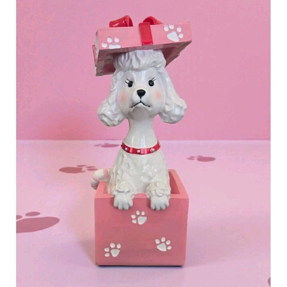 New Large White Poodle Pink Christmas Box Tabletop Figurine Statue Decor